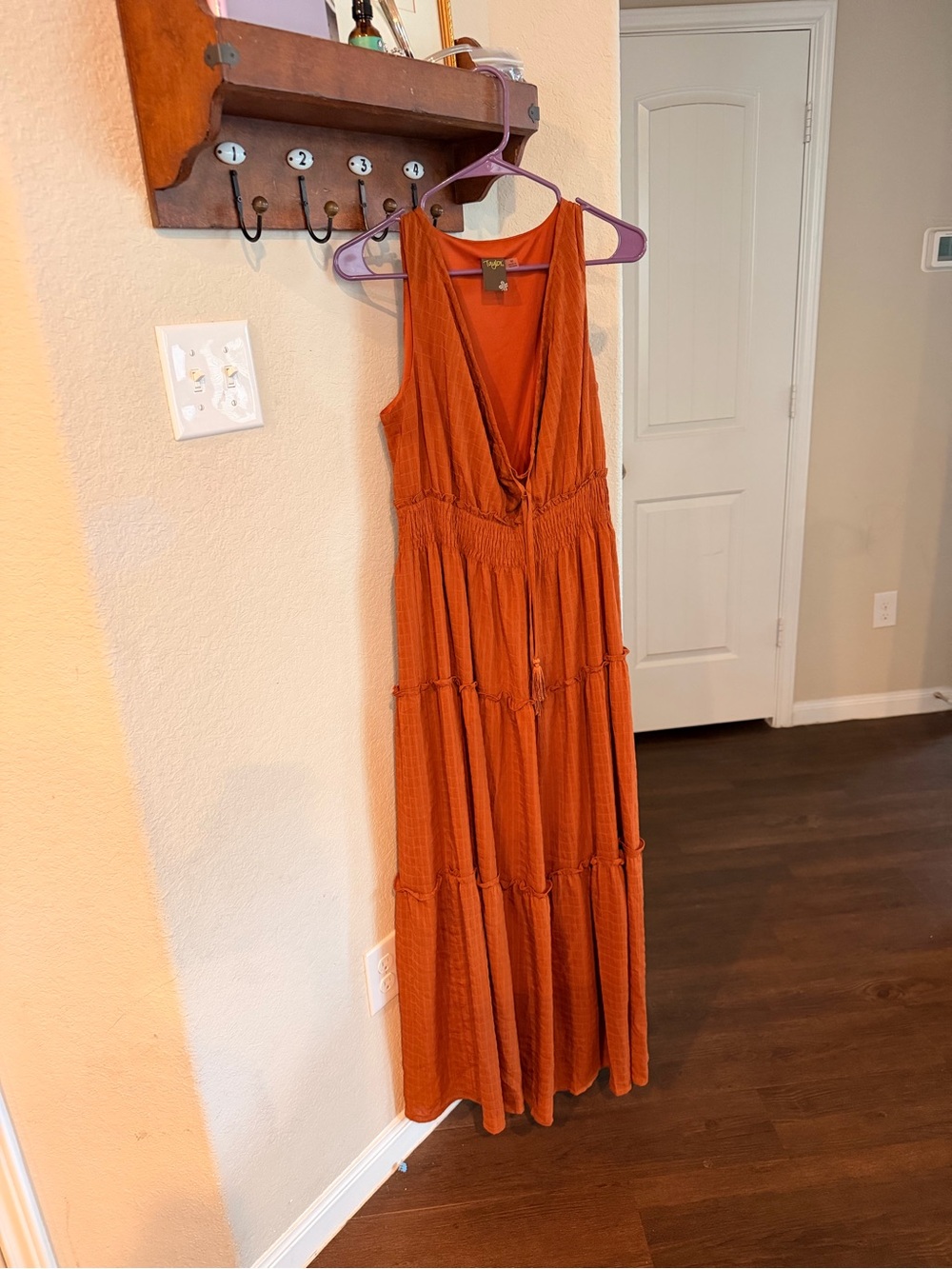 TAYLOR Sleeveless Rust Maxi Dress with Deep V-Neck, Tiered Skirt